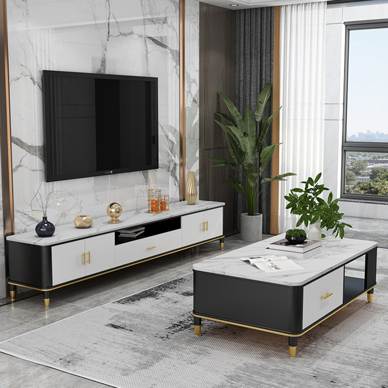 Glam Style Stone TV Stand Enclosed Storage TV Console with Cabinet