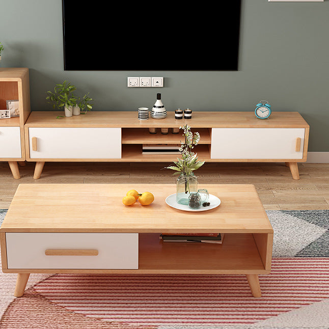 Solid Wood TV Stand in Wood and White , Corner TV Console Sliding Storage