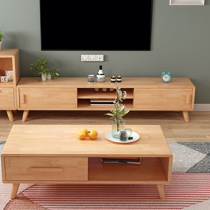 Solid Wood TV Stand in Wood and White , Corner TV Console Sliding Storage