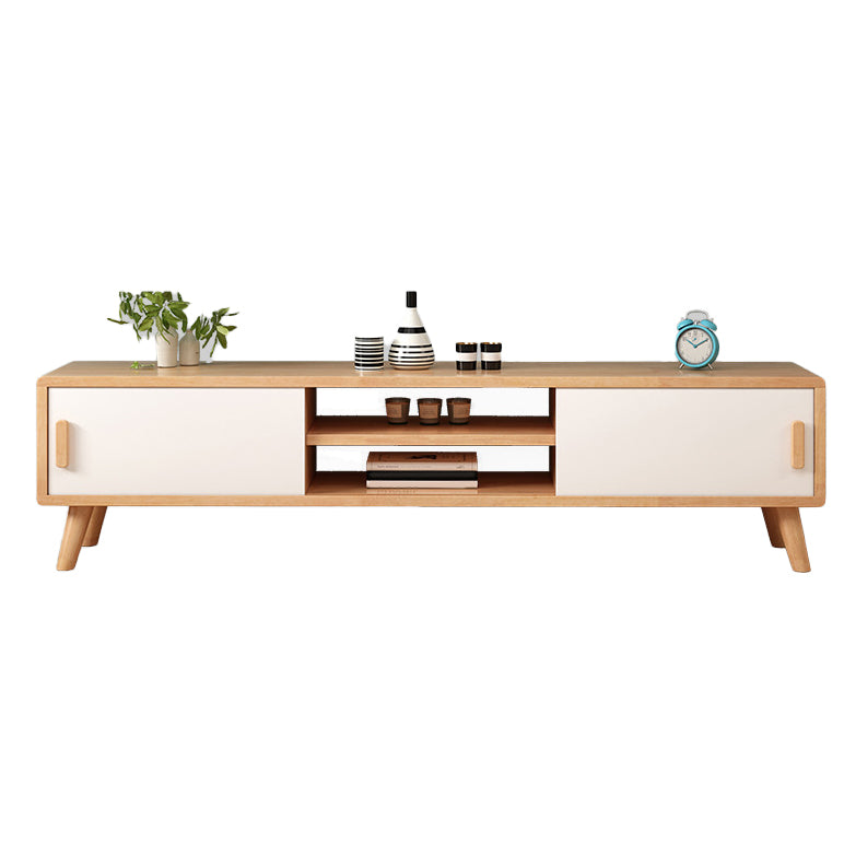 Solid Wood TV Stand in Wood and White , Corner TV Console Sliding Storage