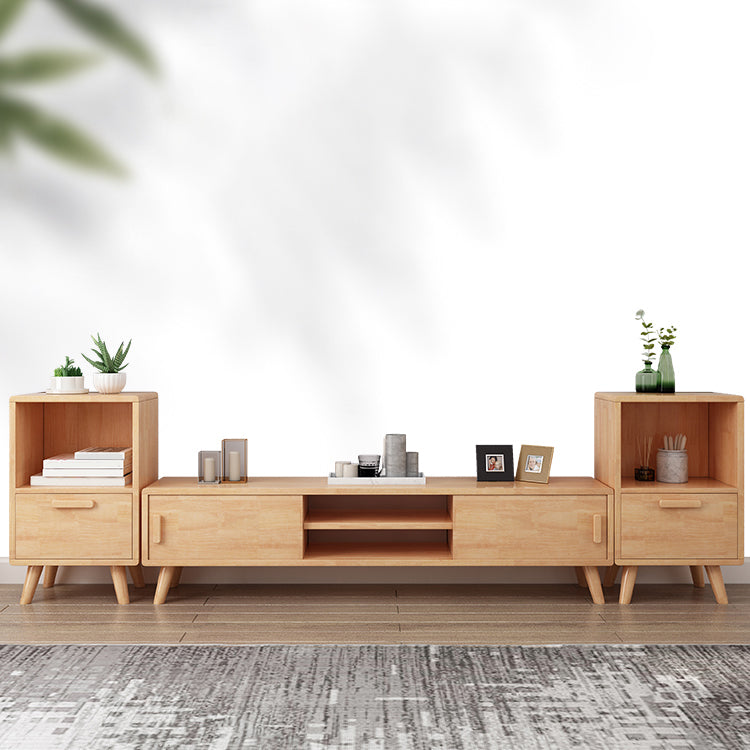 Solid Wood TV Stand in Wood and White , Corner TV Console Sliding Storage