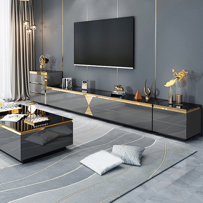 Glass and Wood TV Media Console with Drawers Glam TV Stand Console