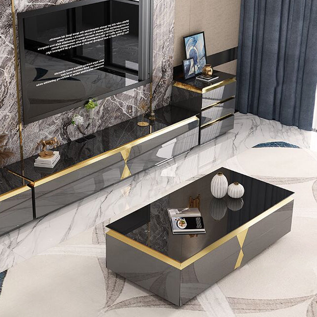 Glass and Wood TV Media Console with Drawers Glam TV Stand Console