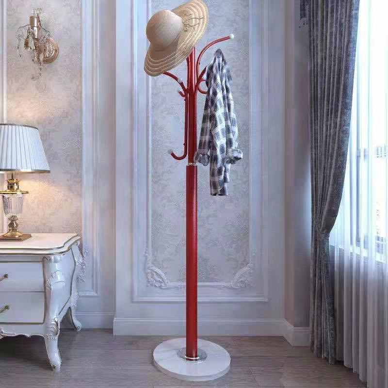 White Metal Single Pole Marble Base Hall Tree Entry Hall Tree with Hooks