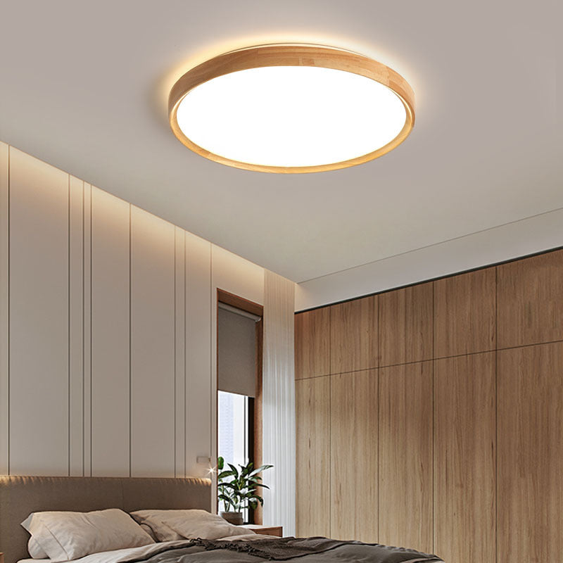 Modern Minimalist LED Ceiling Light Wooden Circular Flush Mount in Brown