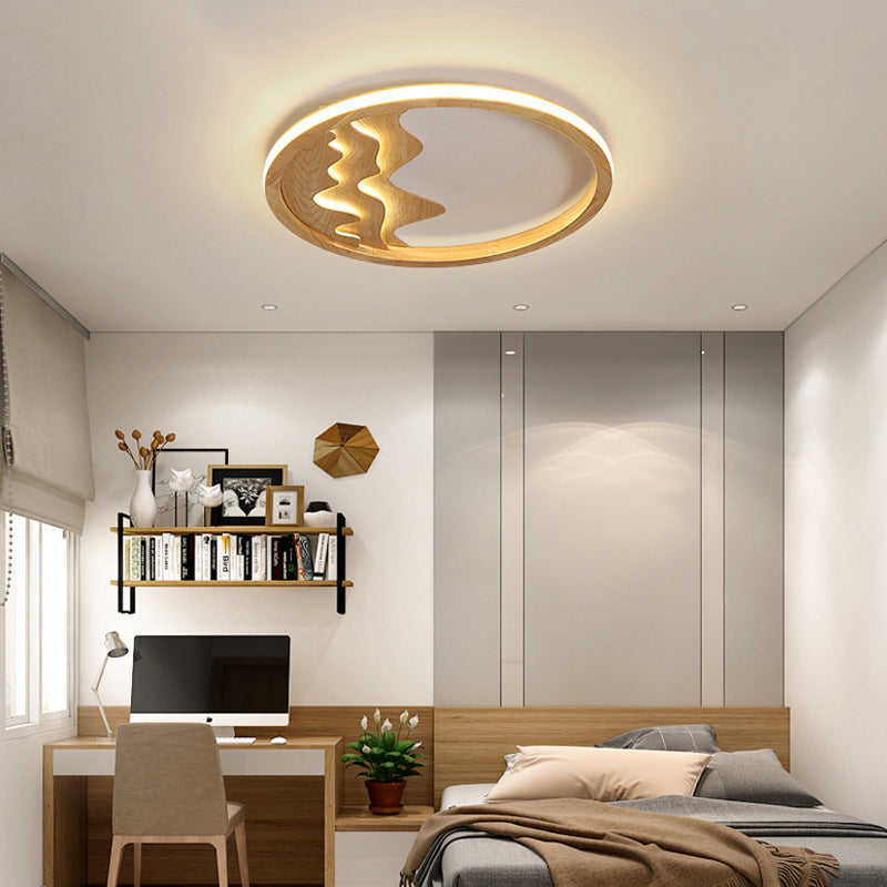 Log Color LED Ceiling Fixture in Modern Simplicity Wooden Circular Flush Mount