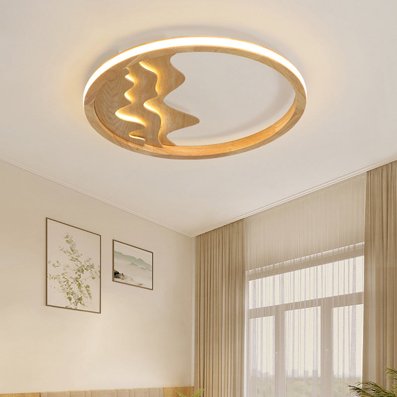 Log Color LED Ceiling Fixture in Modern Simplicity Wooden Circular Flush Mount