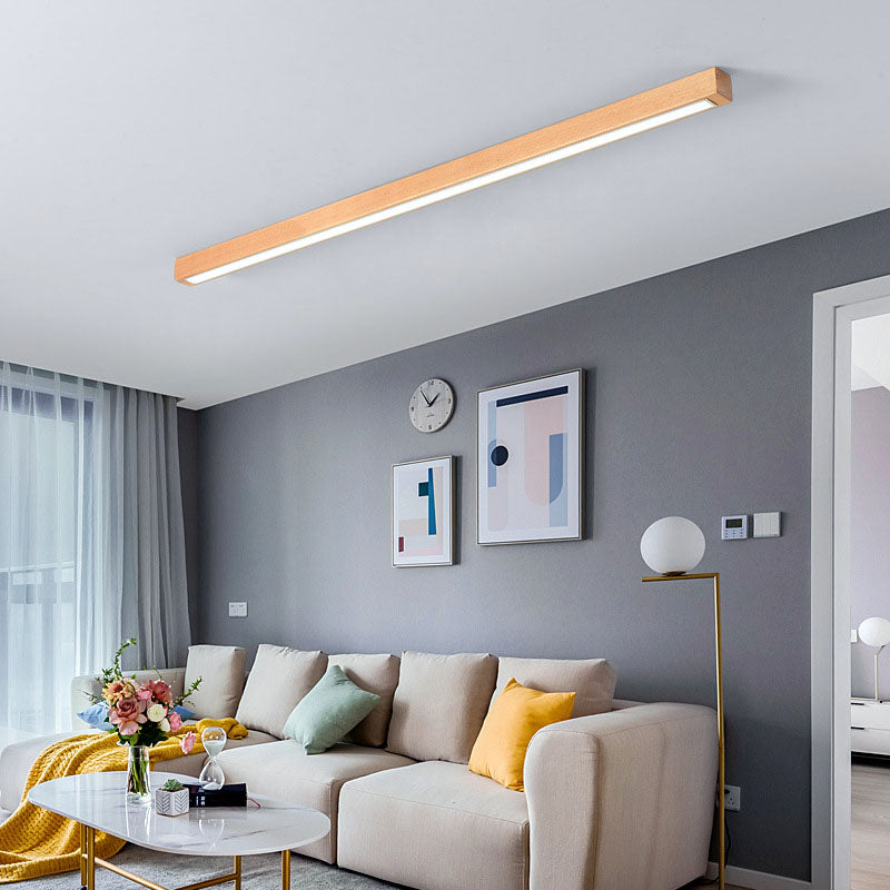 Modern Minimalist LED Flush Mount Wooden Linear Ceiling Fixture with Acrylic Shade