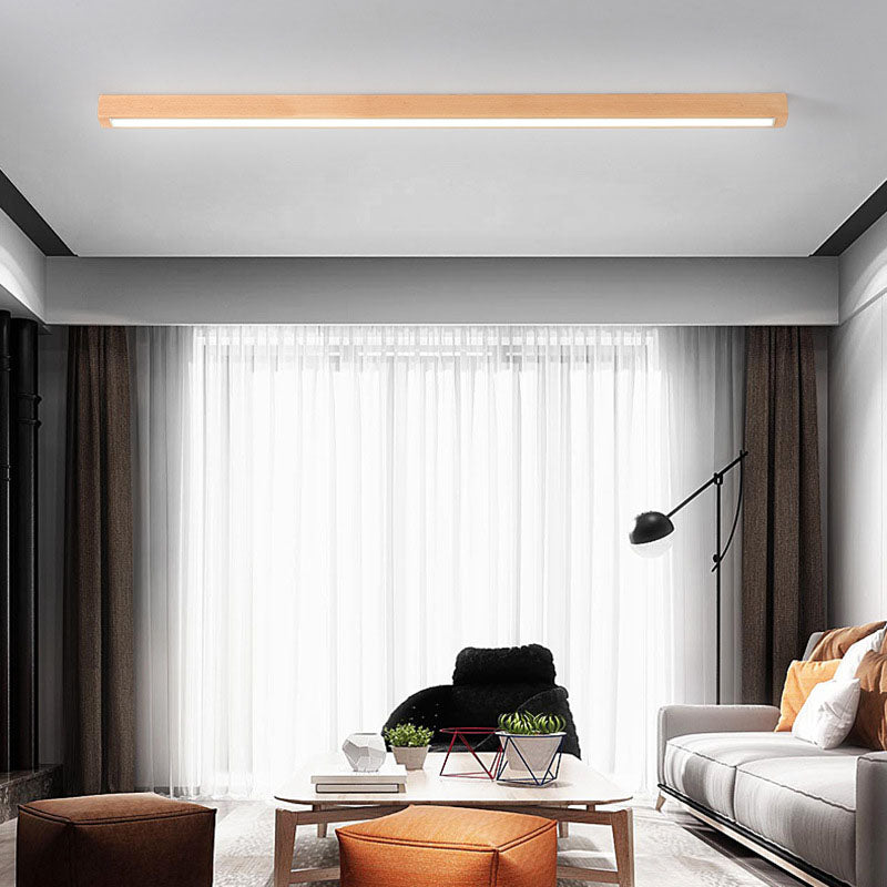 Modern Minimalist LED Flush Mount Wooden Linear Ceiling Fixture with Acrylic Shade