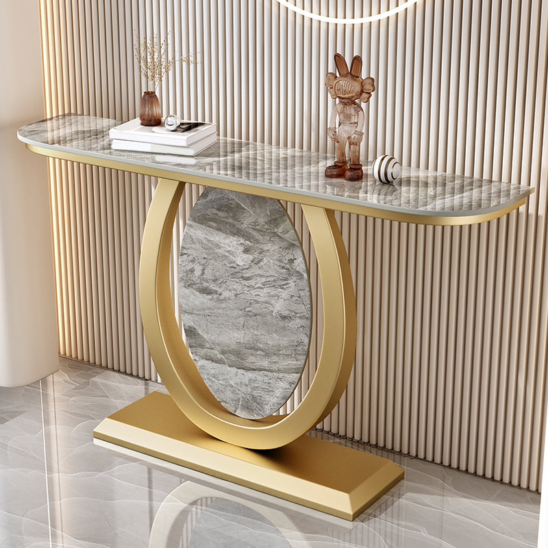 Glam Stone Top Accent Table with Half Moon Top and Iron Pedestal Base