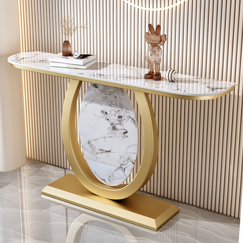 Glam Stone Top Accent Table with Half Moon Top and Iron Pedestal Base