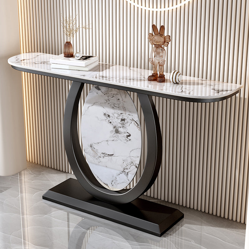 Glam Stone Top Accent Table with Half Moon Top and Iron Pedestal Base