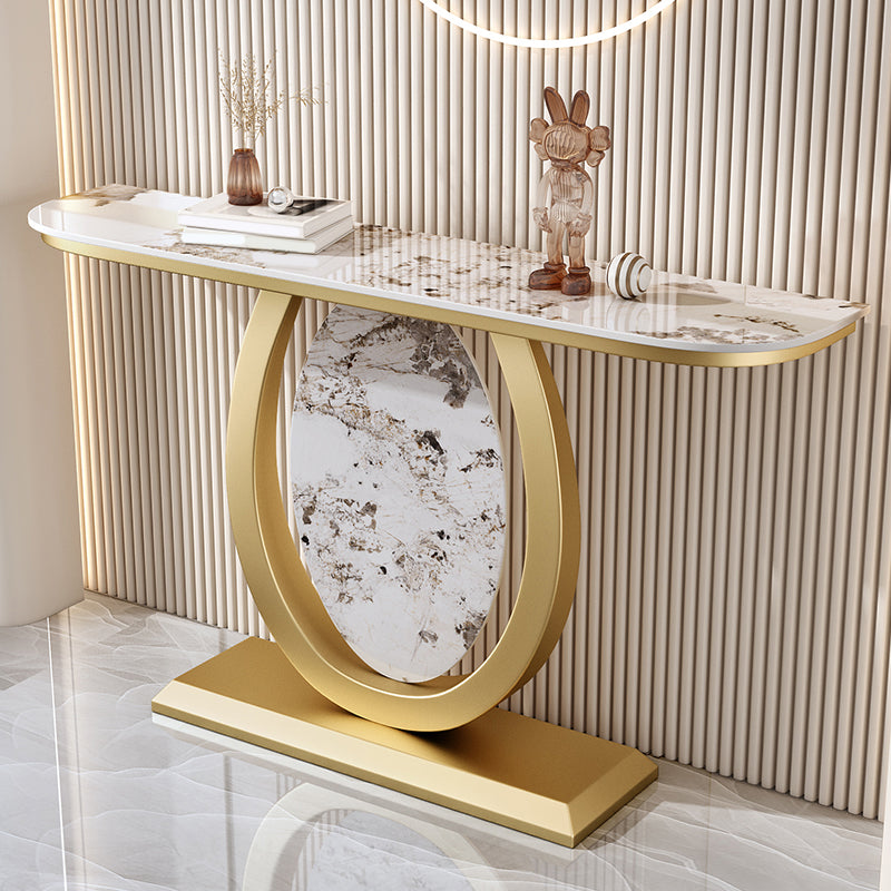 Glam Stone Top Accent Table with Half Moon Top and Iron Pedestal Base