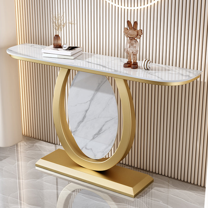 Glam Stone Top Accent Table with Half Moon Top and Iron Pedestal Base