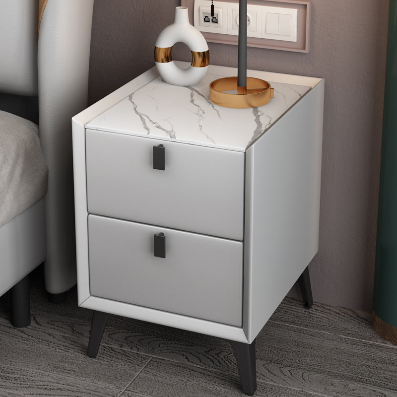 Modern 20 Inch Tall Nightstand 2-Drawer Storage Stone Top Imitation Wood Night Table