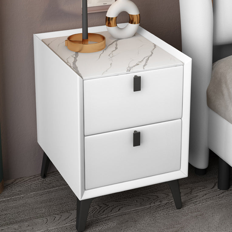 Modern 20 Inch Tall Nightstand 2-Drawer Storage Stone Top Imitation Wood Night Table