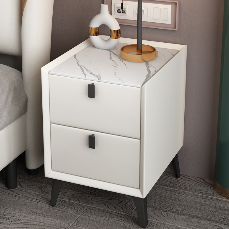 Modern 20 Inch Tall Nightstand 2-Drawer Storage Stone Top Imitation Wood Night Table