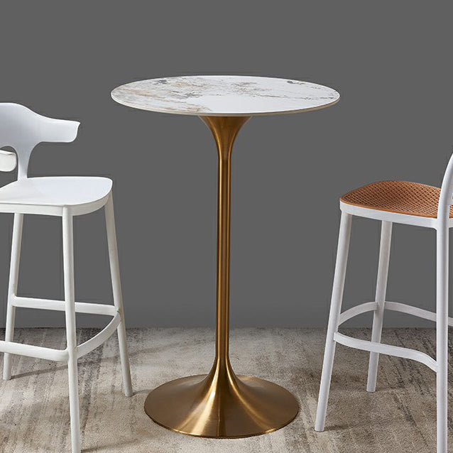 Round Stone Top Bar Table Glam Pub Table with Gold Metal Pedestal