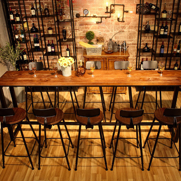 Industrial Metal Frame Pub Table with Trestle Brown Pine Wood Top Bar Table