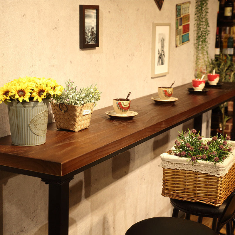 Industrial Metal Frame Pub Table with Trestle Brown Pine Wood Top Bar Table