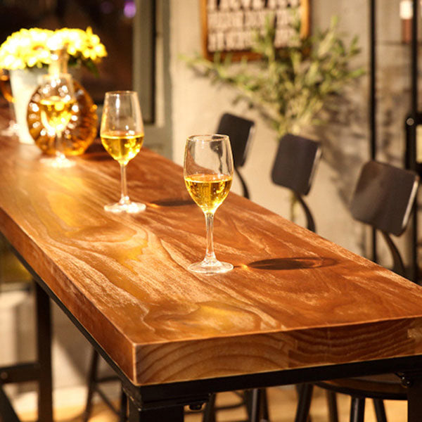 Industrial Metal Frame Pub Table with Trestle Brown Pine Wood Top Bar Table