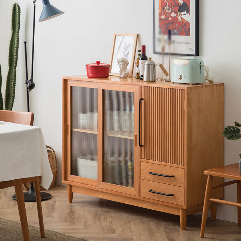 Modern Style Sideboard Pine Frame Glass Doors Buffet Server for Dining Room