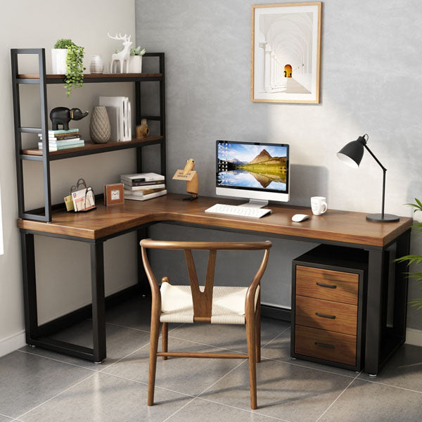 Solid Wood Home Writing Table Industrial L-Shape Fixed Office Table with Shelf