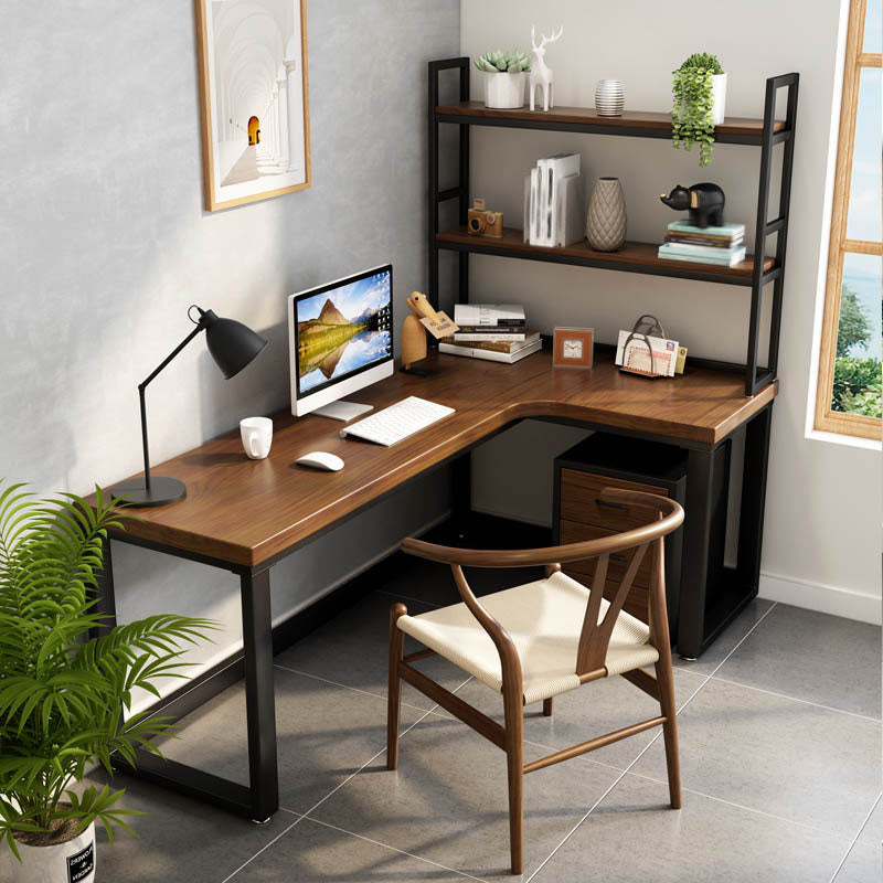 Solid Wood Home Writing Table Industrial L-Shape Fixed Office Table with Shelf