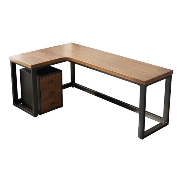 Solid Wood Home Writing Table Industrial L-Shape Fixed Office Table with Shelf