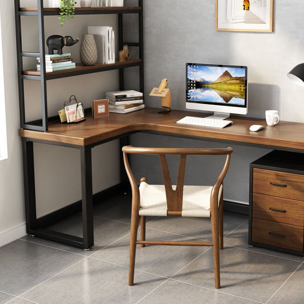 Solid Wood Home Writing Table Industrial L-Shape Fixed Office Table with Shelf