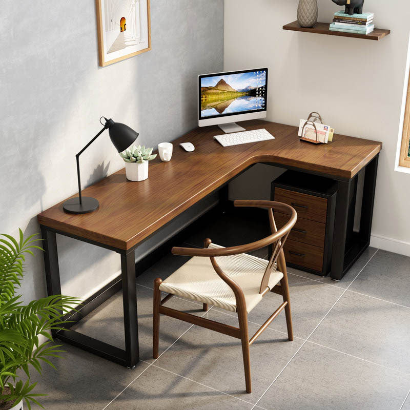 Solid Wood Home Writing Table Industrial L-Shape Fixed Office Table with Shelf