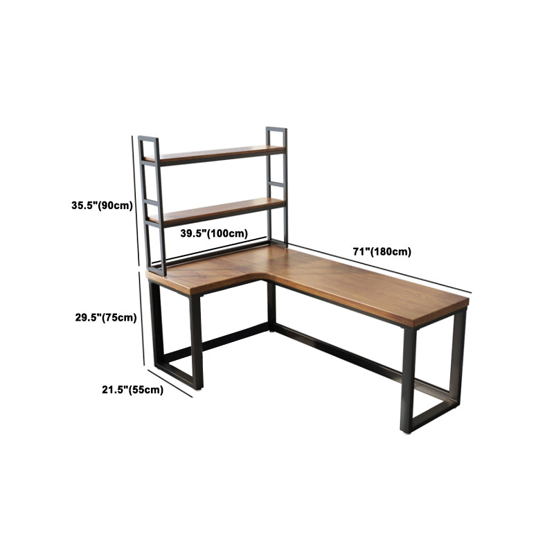 Solid Wood Home Writing Table Industrial L-Shape Fixed Office Table with Shelf