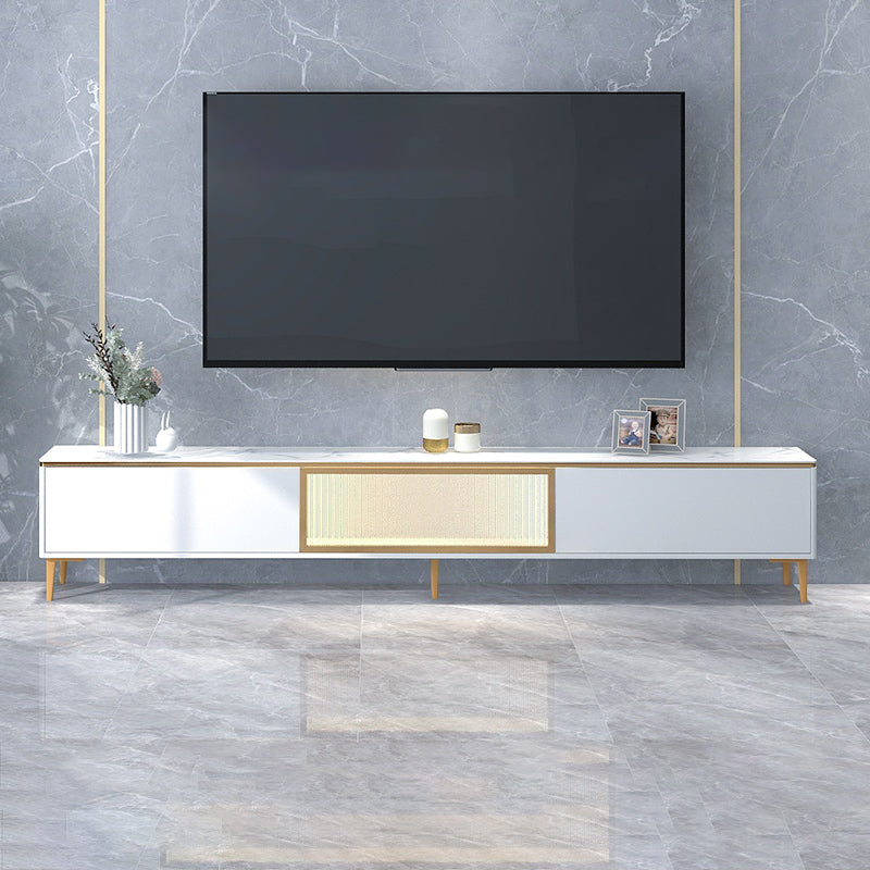 Glam Style Stone TV Stand White Enclosed Storage TV Cabinet with 2 Drawers