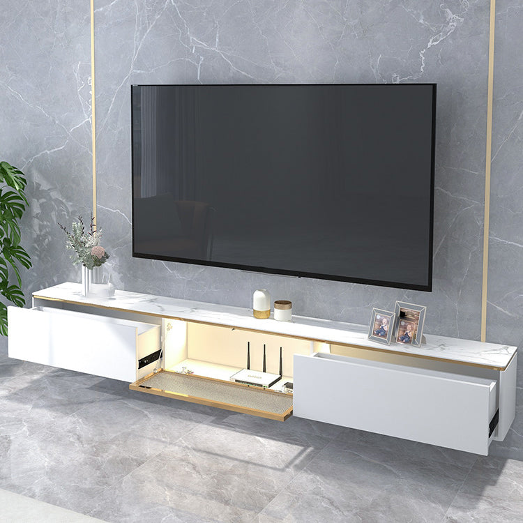 Glam Style Stone TV Stand White Enclosed Storage TV Cabinet with 2 Drawers