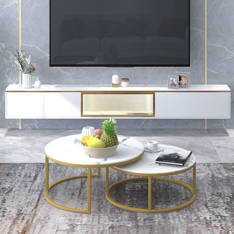 Glam Style Stone TV Stand White Enclosed Storage TV Cabinet with 2 Drawers