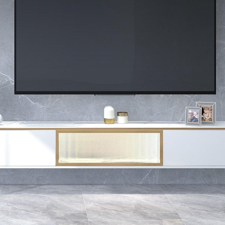 Glam Style Stone TV Stand White Enclosed Storage TV Cabinet with 2 Drawers