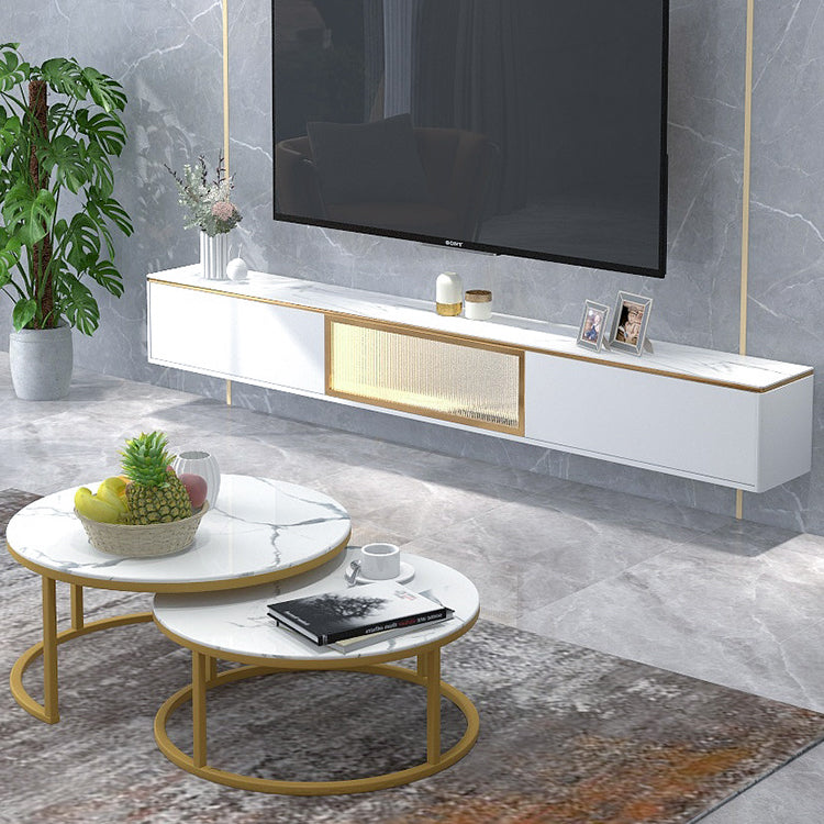 Glam Style Stone TV Stand White Enclosed Storage TV Cabinet with 2 Drawers