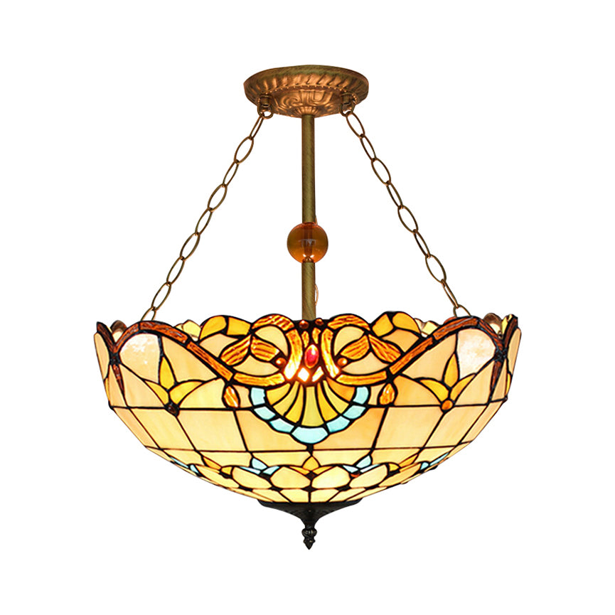 Victorian Designed Ceiling Fixture Tiffany Stylish Beige/Red/Orange/Brown/Blue/Purplish Blue Glass Semi Flush Ceiling Light for Study Room