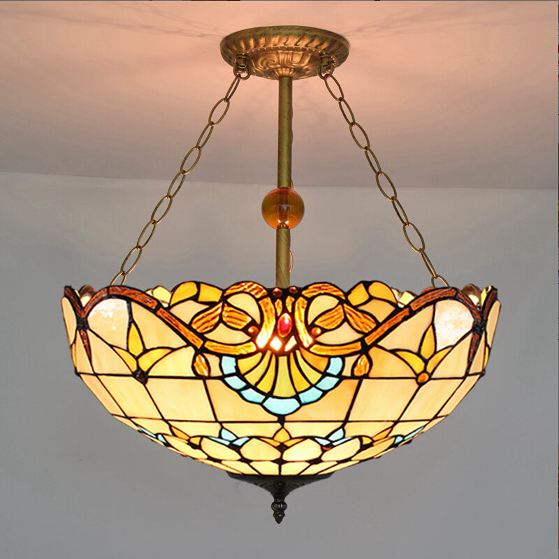 Victorian Designed Ceiling Fixture Tiffany Stylish Beige/Red/Orange/Brown/Blue/Purplish Blue Glass Semi Flush Ceiling Light for Study Room