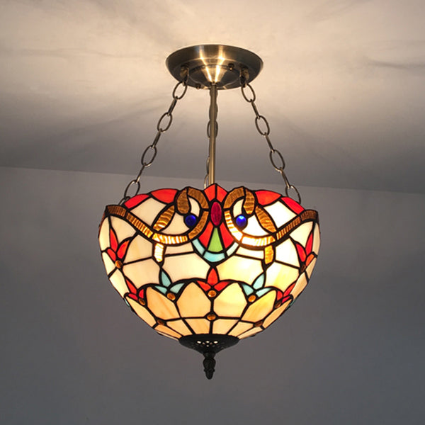 Victorian Designed Ceiling Fixture Tiffany Stylish Beige/Red/Orange/Brown/Blue/Purplish Blue Glass Semi Flush Ceiling Light for Study Room