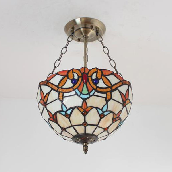 Victorian Designed Ceiling Fixture Tiffany Stylish Beige/Red/Orange/Brown/Blue/Purplish Blue Glass Semi Flush Ceiling Light for Study Room