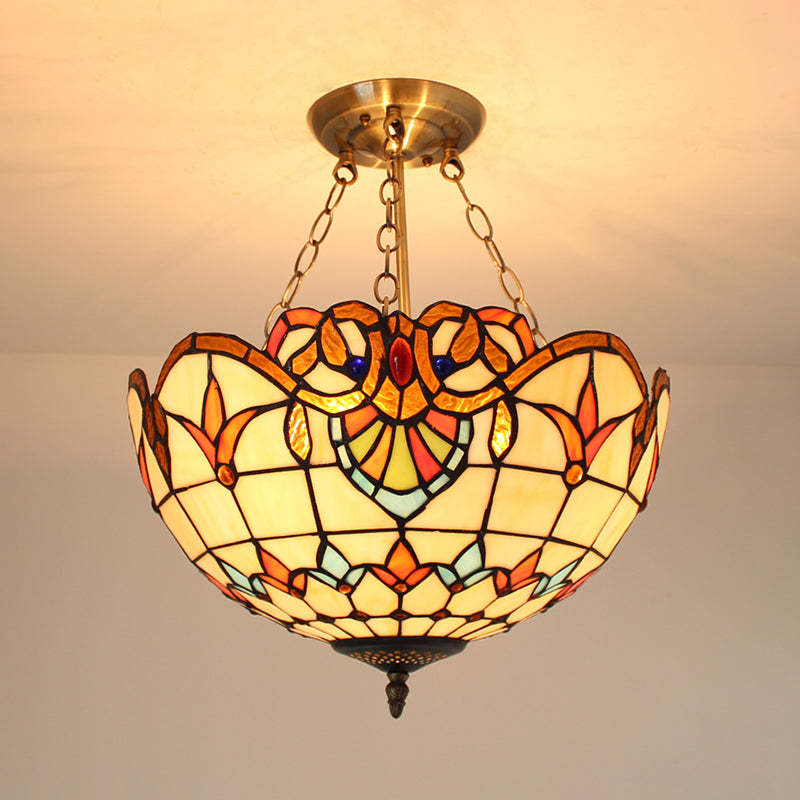 Victorian Designed Ceiling Fixture Tiffany Stylish Beige/Red/Orange/Brown/Blue/Purplish Blue Glass Semi Flush Ceiling Light for Study Room