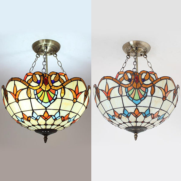 Victorian Designed Ceiling Fixture Tiffany Stylish Beige/Red/Orange/Brown/Blue/Purplish Blue Glass Semi Flush Ceiling Light for Study Room