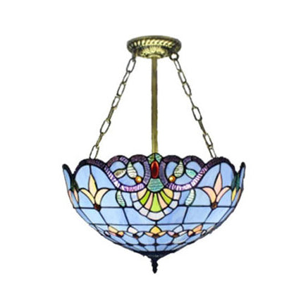 Victorian Designed Ceiling Fixture Tiffany Stylish Beige/Red/Orange/Brown/Blue/Purplish Blue Glass Semi Flush Ceiling Light for Study Room