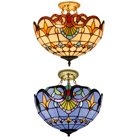 Victorian Designed Ceiling Fixture Tiffany Stylish Beige/Red/Orange/Brown/Blue/Purplish Blue Glass Semi Flush Ceiling Light for Study Room