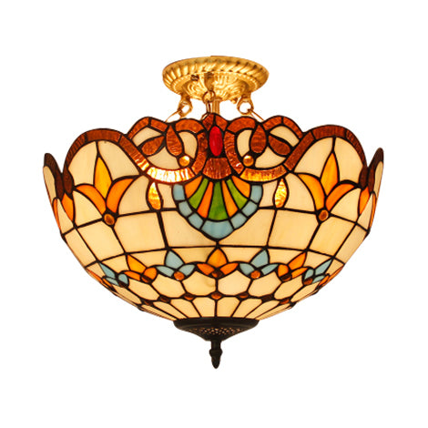 Victorian Designed Ceiling Fixture Tiffany Stylish Beige/Red/Orange/Brown/Blue/Purplish Blue Glass Semi Flush Ceiling Light for Study Room