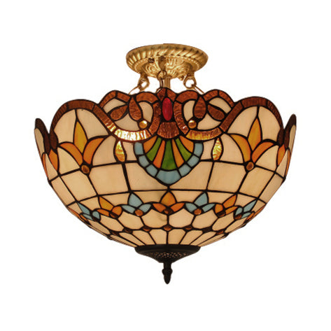 Victorian Designed Ceiling Fixture Tiffany Stylish Beige/Red/Orange/Brown/Blue/Purplish Blue Glass Semi Flush Ceiling Light for Study Room