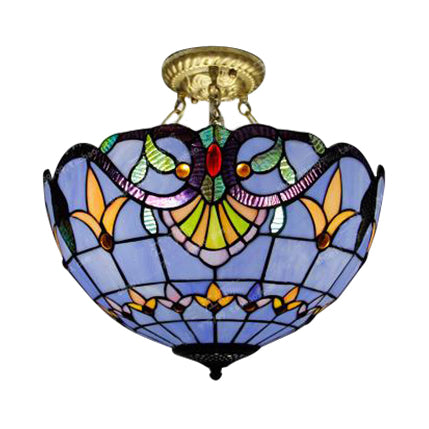 Victorian Designed Ceiling Fixture Tiffany Stylish Beige/Red/Orange/Brown/Blue/Purplish Blue Glass Semi Flush Ceiling Light for Study Room