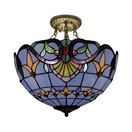 Victorian Designed Ceiling Fixture Tiffany Stylish Beige/Red/Orange/Brown/Blue/Purplish Blue Glass Semi Flush Ceiling Light for Study Room