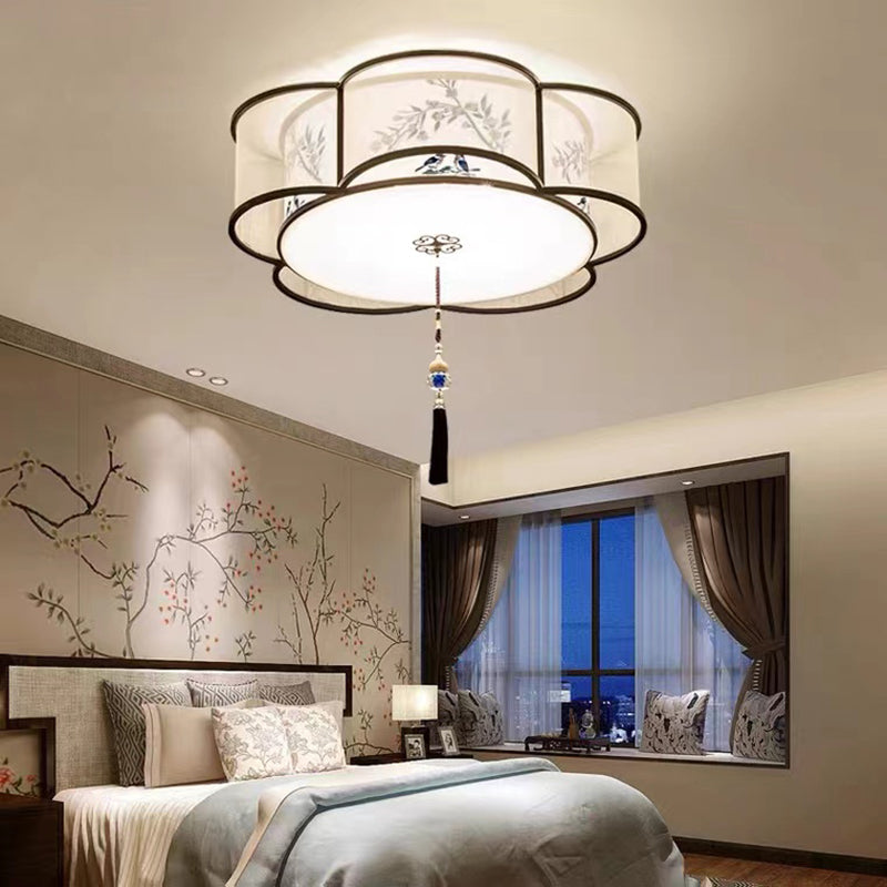 New Chinese Style Ceiling Light Geometry Shape Ceiling Lamp with Fabric Shade for Bedroom